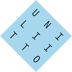 Uniliiton logo. Neliö seisoo yhdellä kärjellä. Vaaleansinisessä neliössä teksti Uniliitto mustin kirjaimin